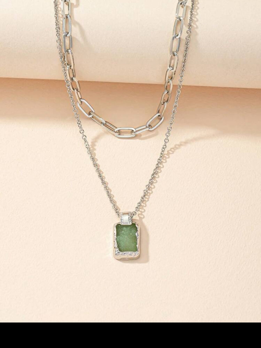 Green Stone Silver Stack Necklace
