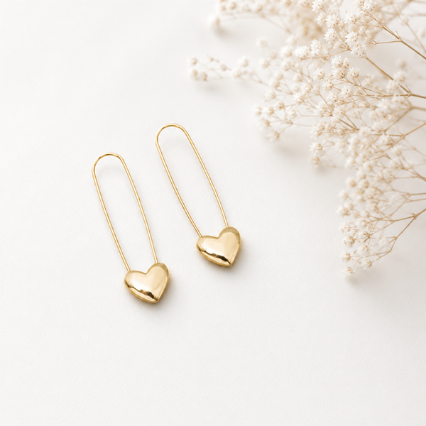 Gold Safety Pin Heart Earrings