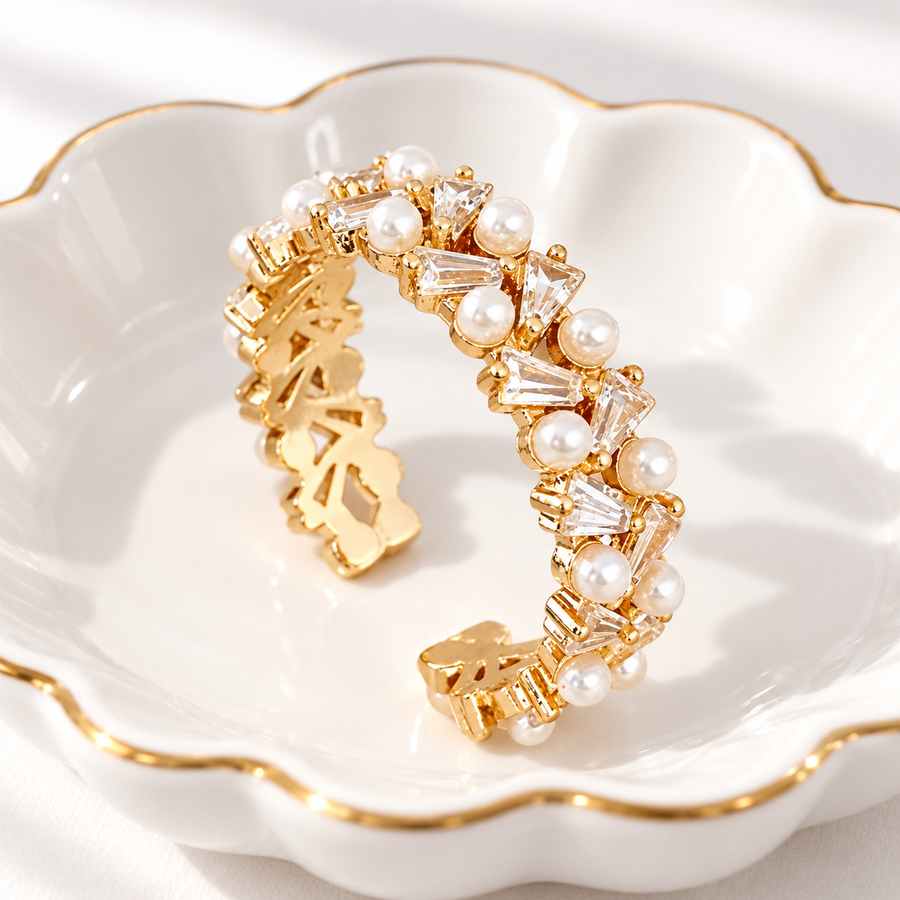 Double Row Faux Pearl & Gold Ring