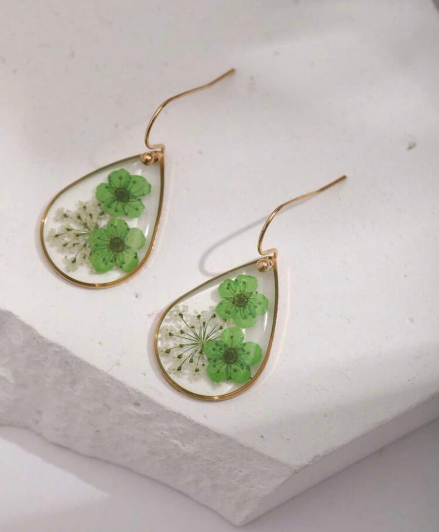 Green Dried Flower Resin Earrings