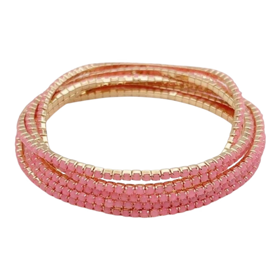 Hot Pink Beaded Stretch Bracelet Set with Gold Accents
