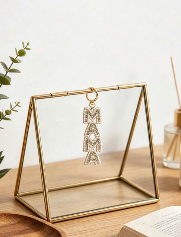 Gold MAMA Letter Keychain Charm with Rhinestone Detail