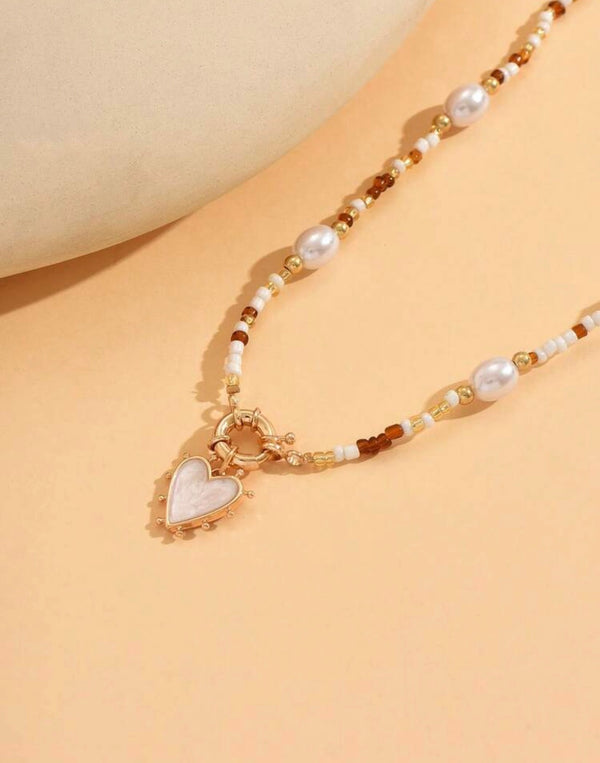 Boho Pearl Beaded Heart Pendant Necklace