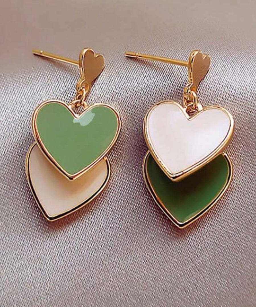 Double Heart Gold Earrings | Green & White