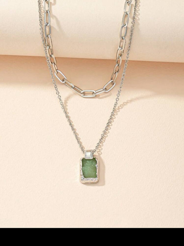 Green Stone Silver Stack Necklace