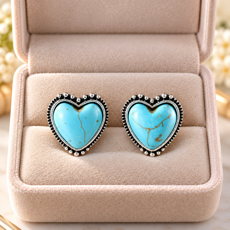 Heart Turquoise Stud Earrings in Silver Tone