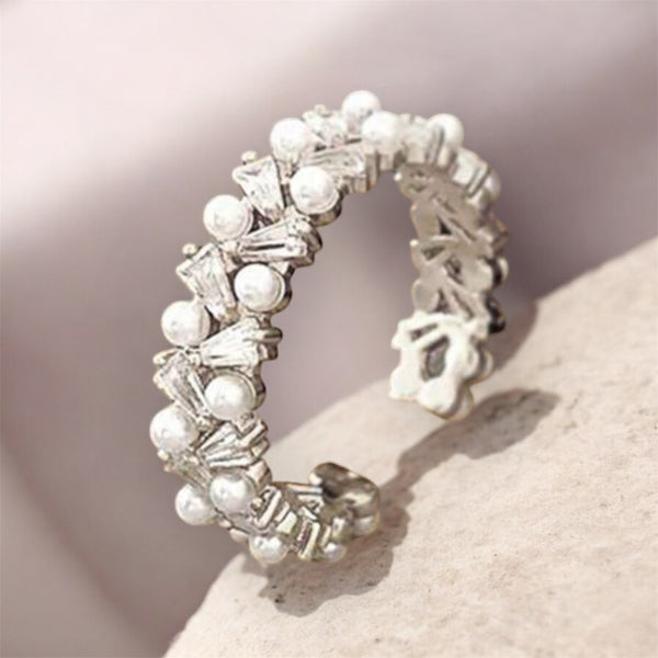 Double Row Faux Pearl & Silver Zirconia Ring