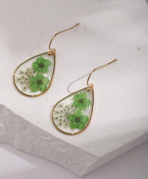Green Dried Flower Resin Earrings