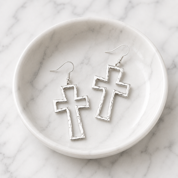 Silver Cross Dangle Earrings with Hammered Finish