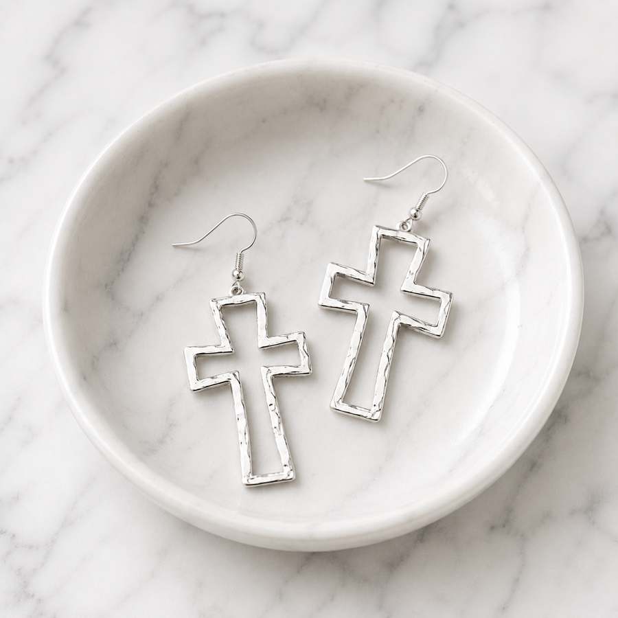 Silver Cross Dangle Earrings with Hammered Finish