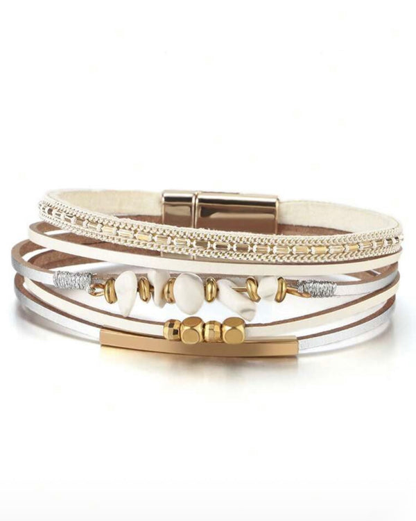 White & Gold Leather Strap Bracelet
