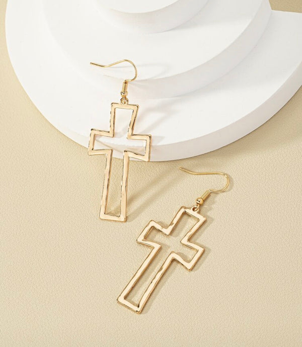 Gold Tone Cross Dangle Earrings — Openwork Drop Earrings