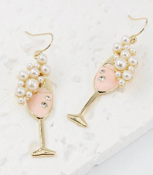 Pearl Champagne Glass Drop Earrings with Pink Enamel