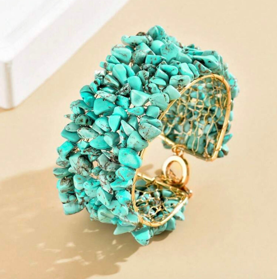 Turquoise Stone Cuff Bracelet with Gold Wire Wrap