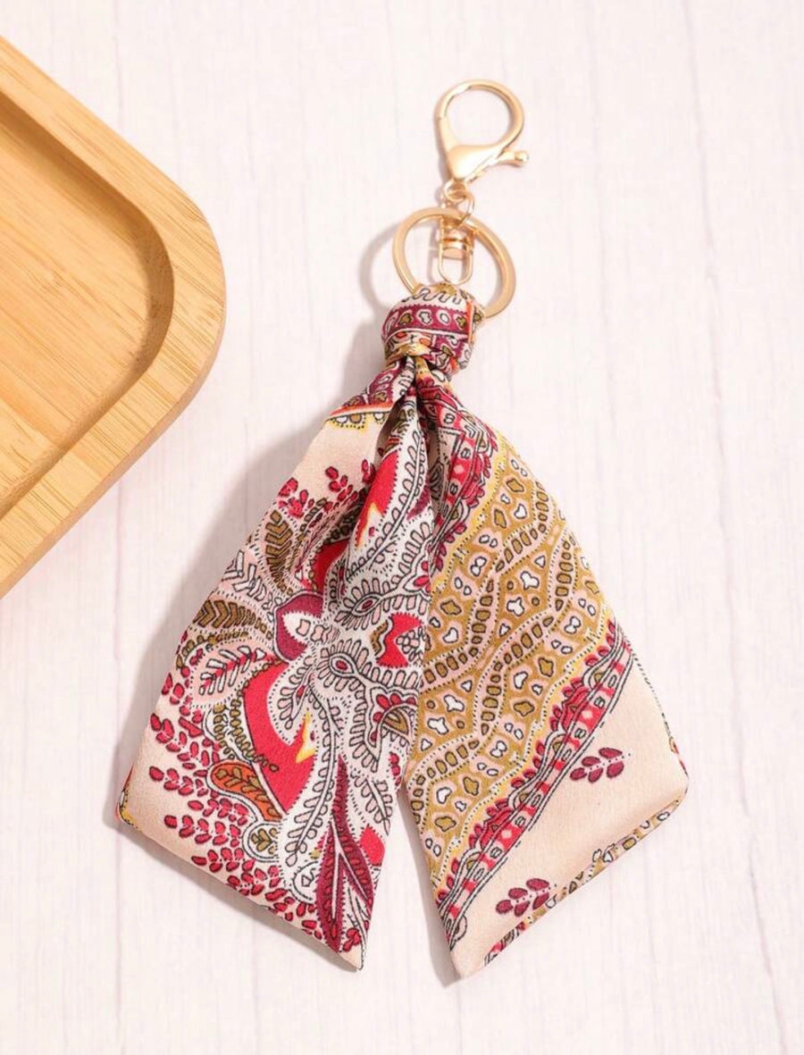 Boho Paisley Fabric Keychain with Gold Lobster Clasp