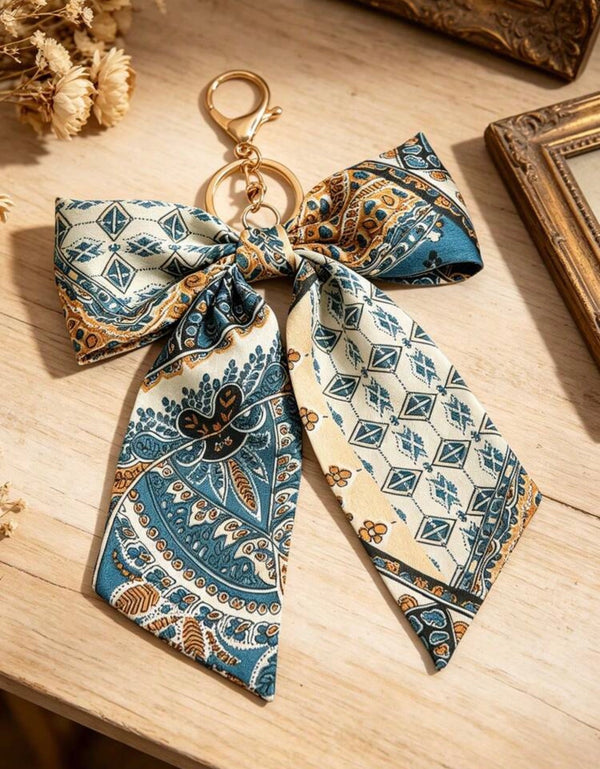 Boho Paisley Bow Keychain Charm with Gold Clip