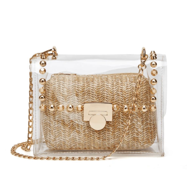 Clear PVC Straw Crossbody Bag with Gold Chain