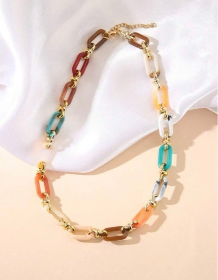 Colorful Resin Link Necklace with Gold Chain