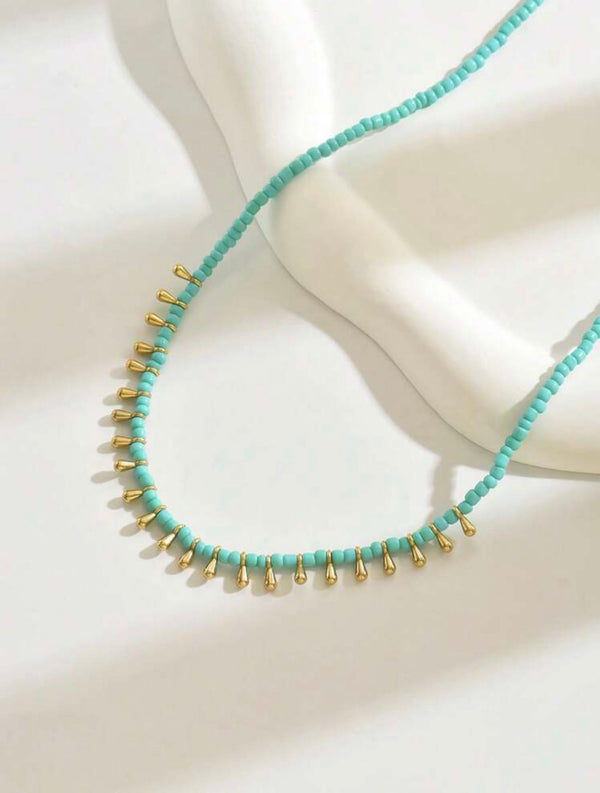 Turquoise Beaded Necklace with Gold Teardrop Charms