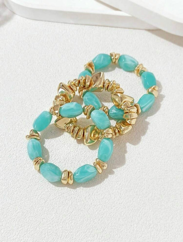 Turquoise Beaded Stretch Bracelet with Gold Accents