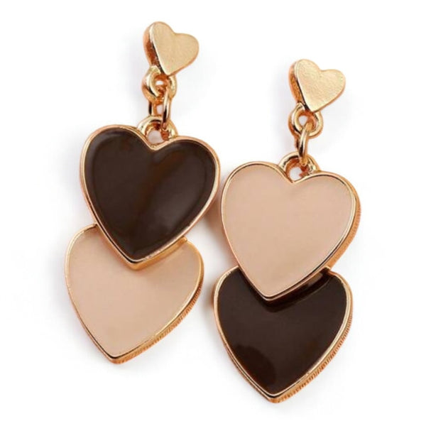 Double Heart Gold Earrings | Brown and Cream